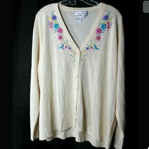 Diane Gilman Cream Silk Cardigan with Floral Embroidery